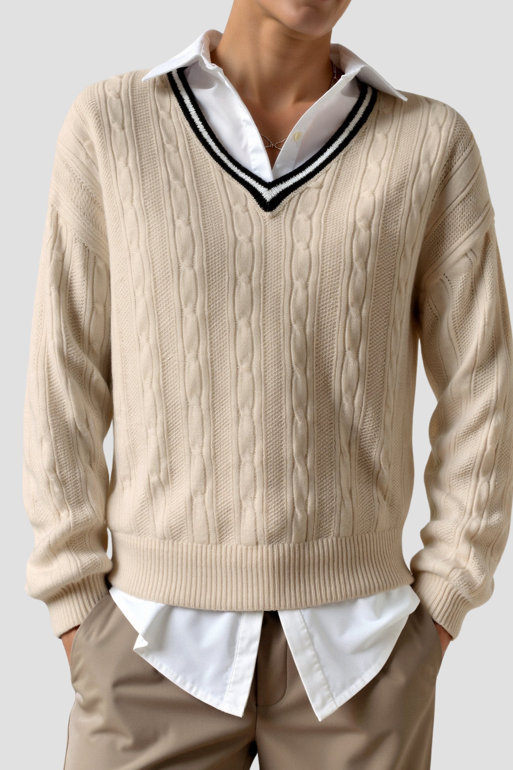 V Neck Elegant Cable Knit Long Sleeve Sweater