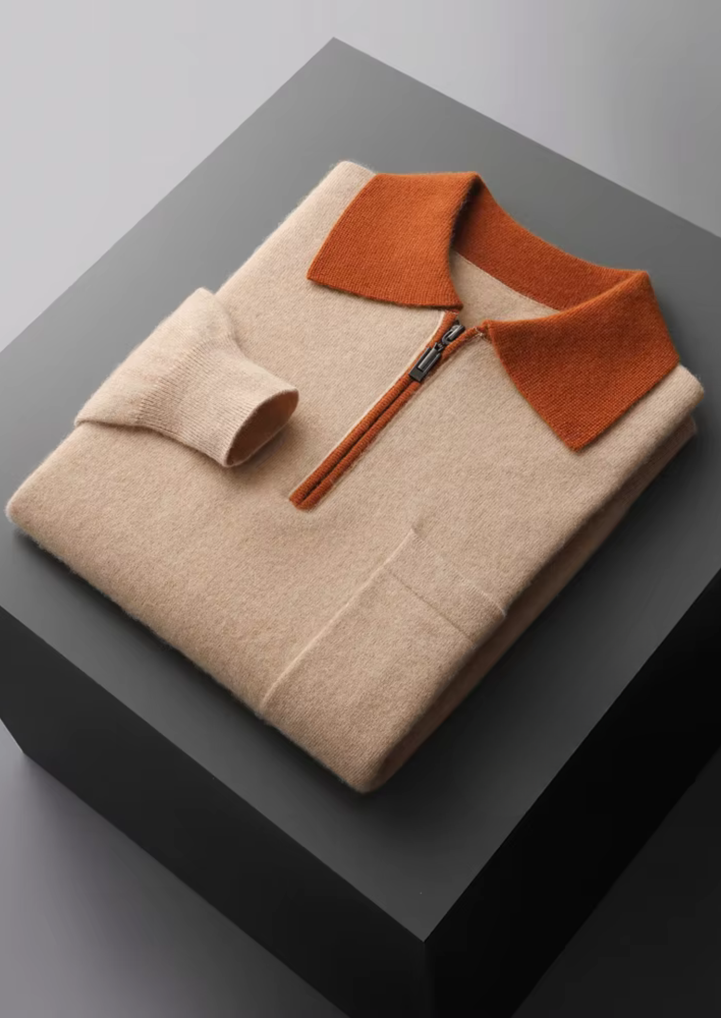 100% CASHMERE TWO TONE ZIPPER POLO