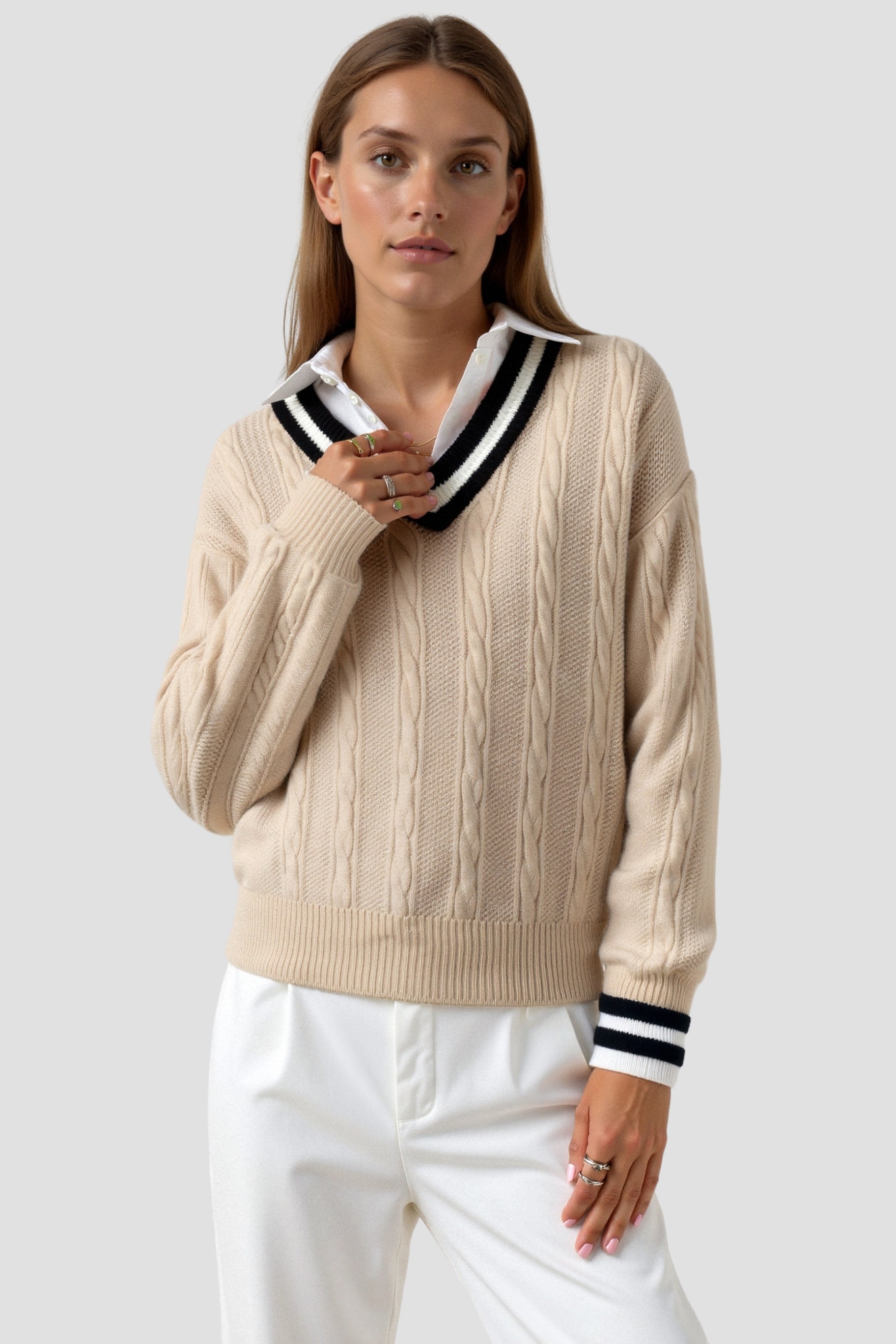 V Neck Elegant Cable Knit Long Sleeve Sweater