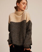 NOBA - Sweater with High Collar and Herringbone Pattern